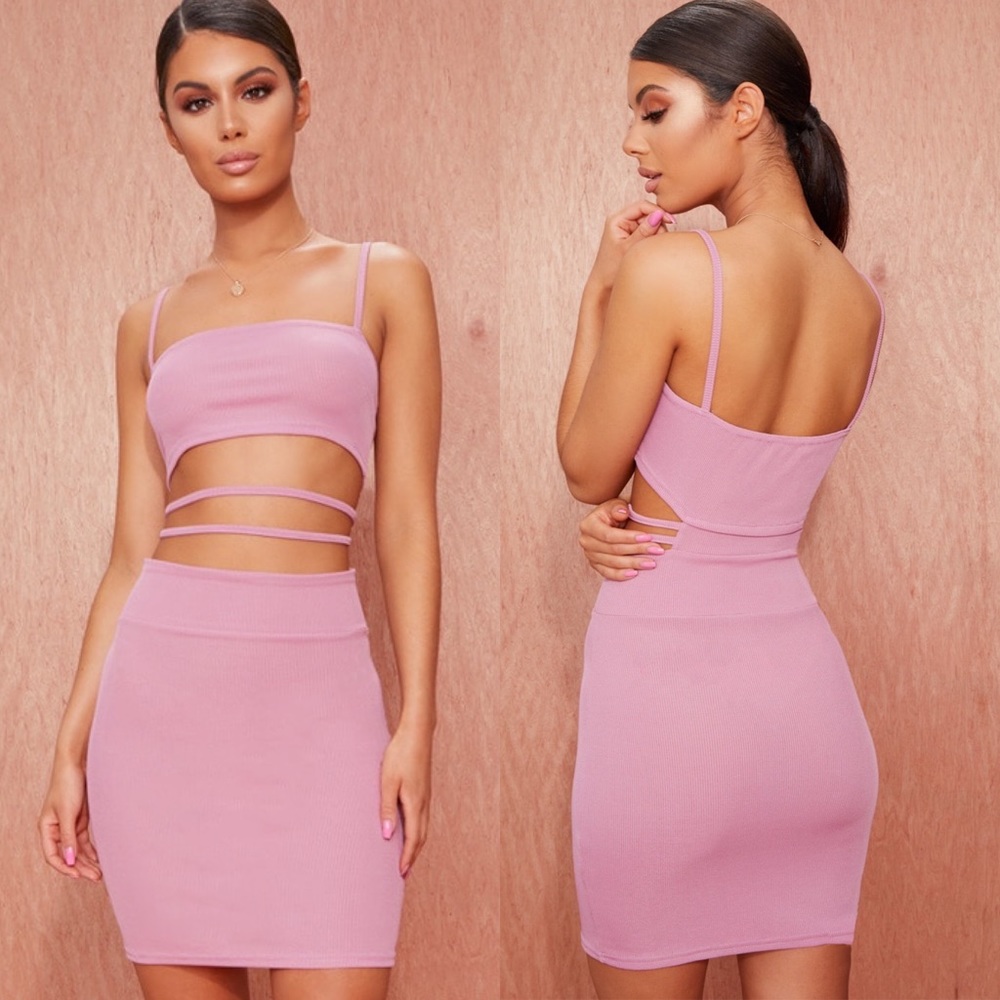 Pretty Little Thing Mauve Ribbed Strappy Cutout Bodycon Dress